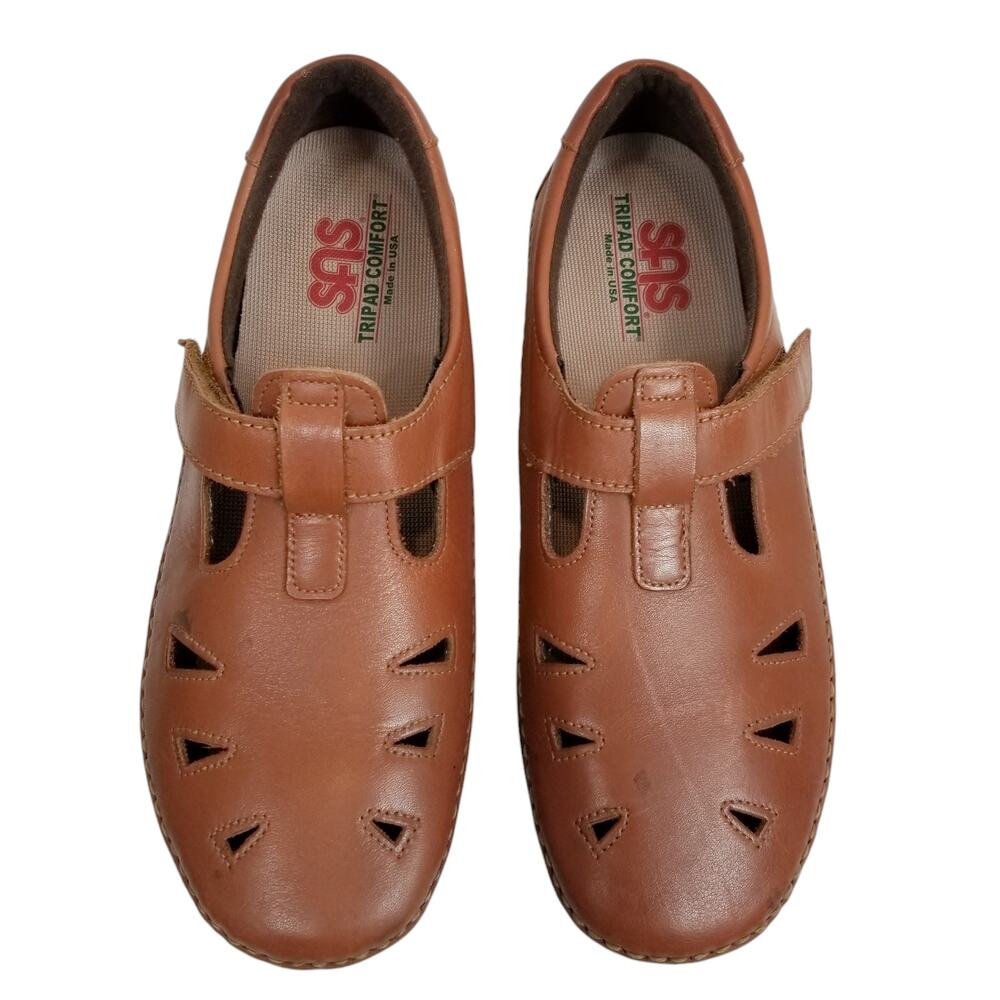 SAS Tan Leather Hook-and-Loop Mary Jane Flats - Picture 2 of 11
